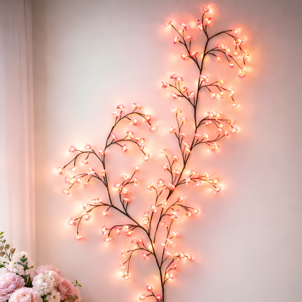 Decorative wall light fixture with glowing branches on a white wall, next to a vase of flowers and a candle.