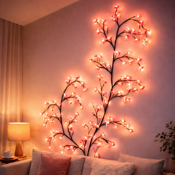 Decorative wall light fixture with pink bulbs on a wall above a sofa in a living room.